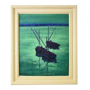 OLD TWENTIETH CENTURY PAINTINGS, SEA PAINTINGS, MARINE WITH BOATS, OIL ON CANVAS, FROM THE 1900s. (QM565)